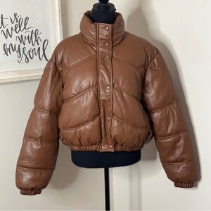 Zara Puffer Water Repellent Oversized Cropped Jacket Brown Size M